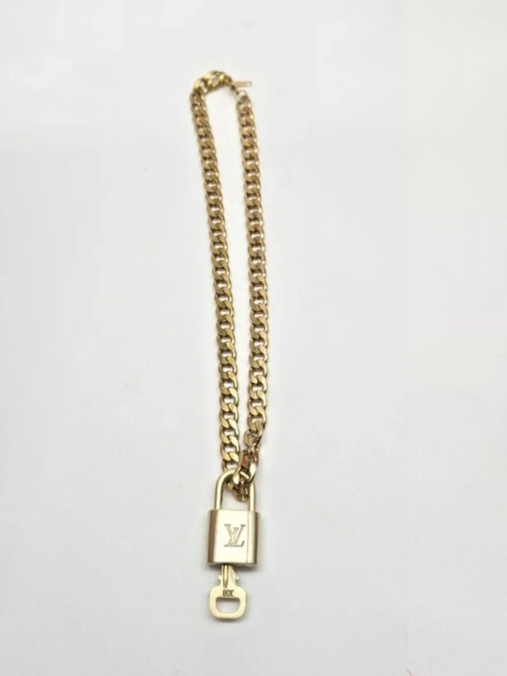 Authentic Louis Vuitgon Gold Padlock Pendant w/ Unbranded Cuban Stainless Steel